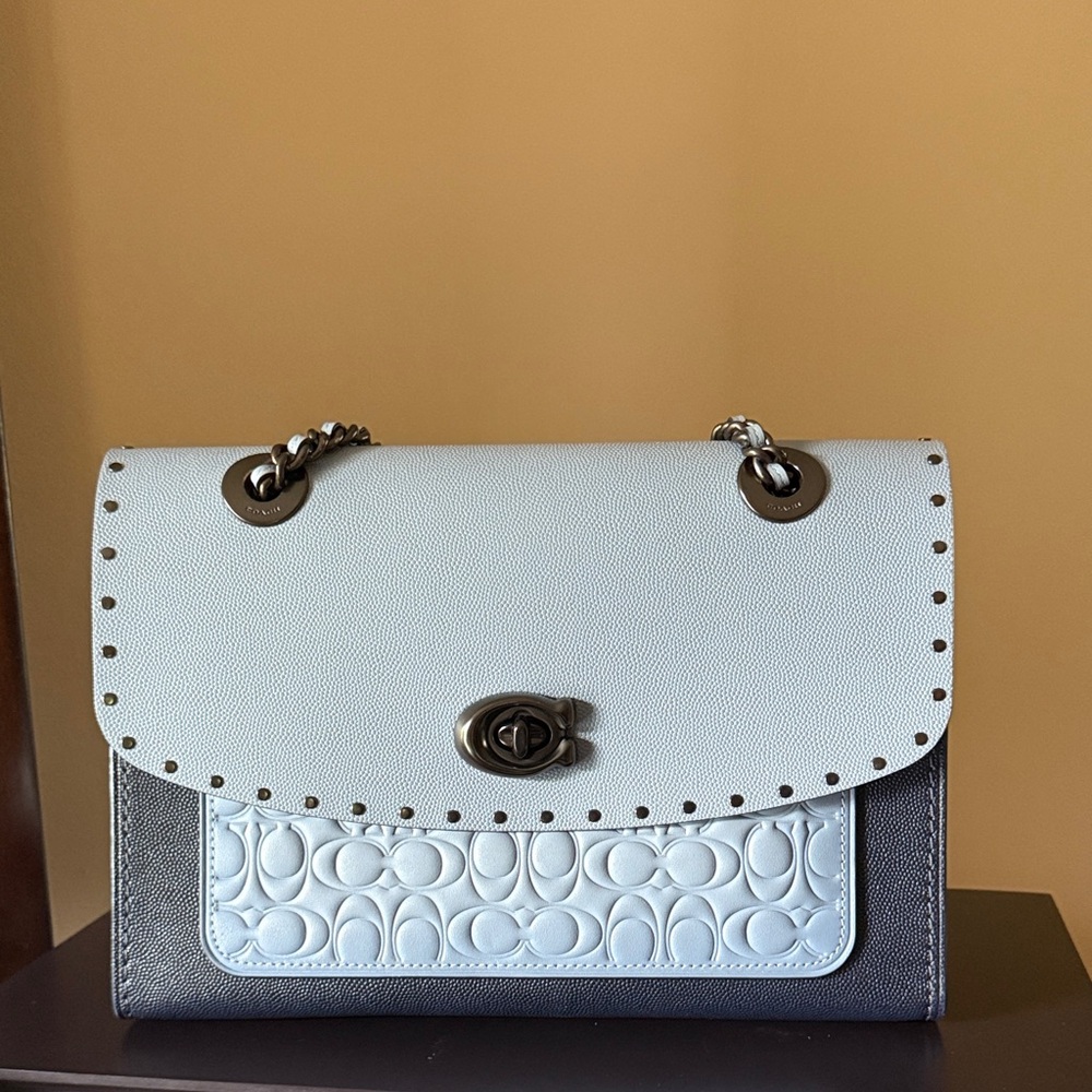 Coach Two-Tone Light Blue and Gray Leather Shoulder Bag